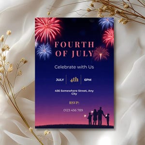 Patriotic fireworks party invitation template with elegant evening celebration aesthetic and editable Independence Day event details