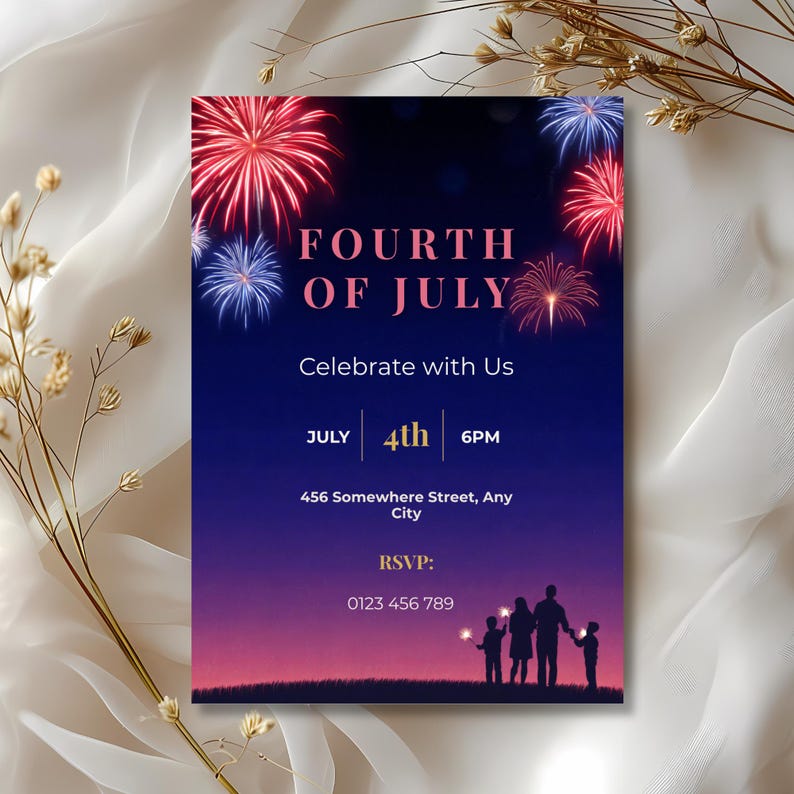 Patriotic fireworks party invitation template with elegant evening celebration aesthetic and editable Independence Day event details