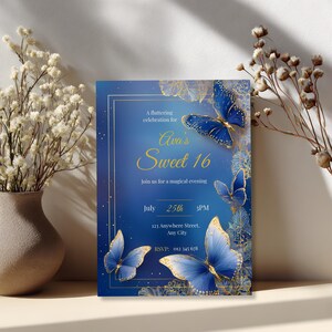 Sophisticated Sweet 16 birthday invite with gold filigree and whimsical butterfly design