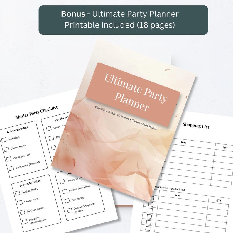Free bonus 18-page Ultimate Party Planner printable included with Halloween invitation purchase, budget checklist timeline sheets