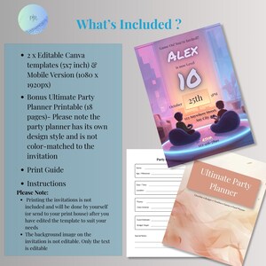 What's included graphic for gaming birthday invitation listing, showing 5x7 inch and mobile Canva templates plus free 18-page party planner printable and instructions