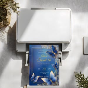 Premium teen birthday invitation, 3D butterflies on rich blue background, fully customizable