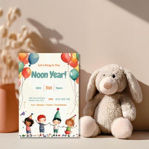 Cute Noon Years Eve invitation for toddlers and kids beside a soft bunny plush in warm light