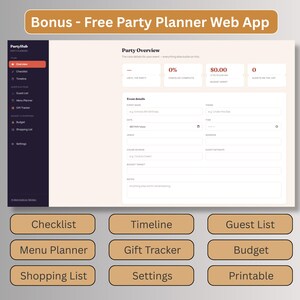 Free party planner web app bonus with guest list, budget tracker, checklist, and menu planner for Thanksgiving hosts
