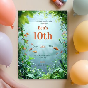 Aquarium birthday invitation styled with party decorations, showing vibrant underwater theme for boys’ birthday