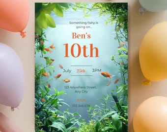 Aquarium Birthday Invite Boy, Underwater Party Invitation with Goldfish and Aquatic Plants, Editable Canva Birthday Invite