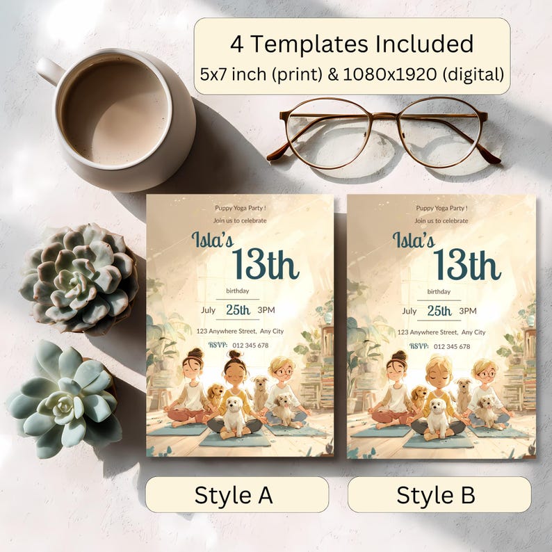 Flatlay of puppy yoga 13th birthday invitation template showing 4 templates included, 5x7 inch print size and 1080x1920 digital size, displayed in Style A and Style B design options.