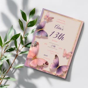 Soft dreamy butterfly birthday invite featuring blush pink, lavender, and cream tones