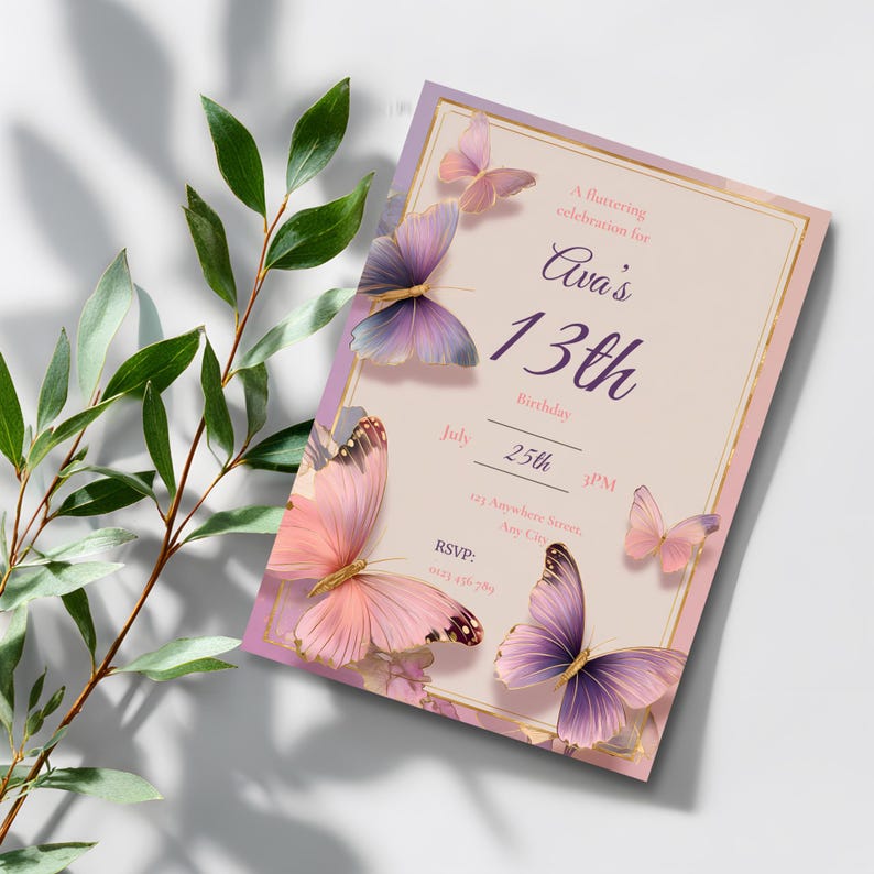 Soft dreamy butterfly birthday invite featuring blush pink, lavender, and cream tones