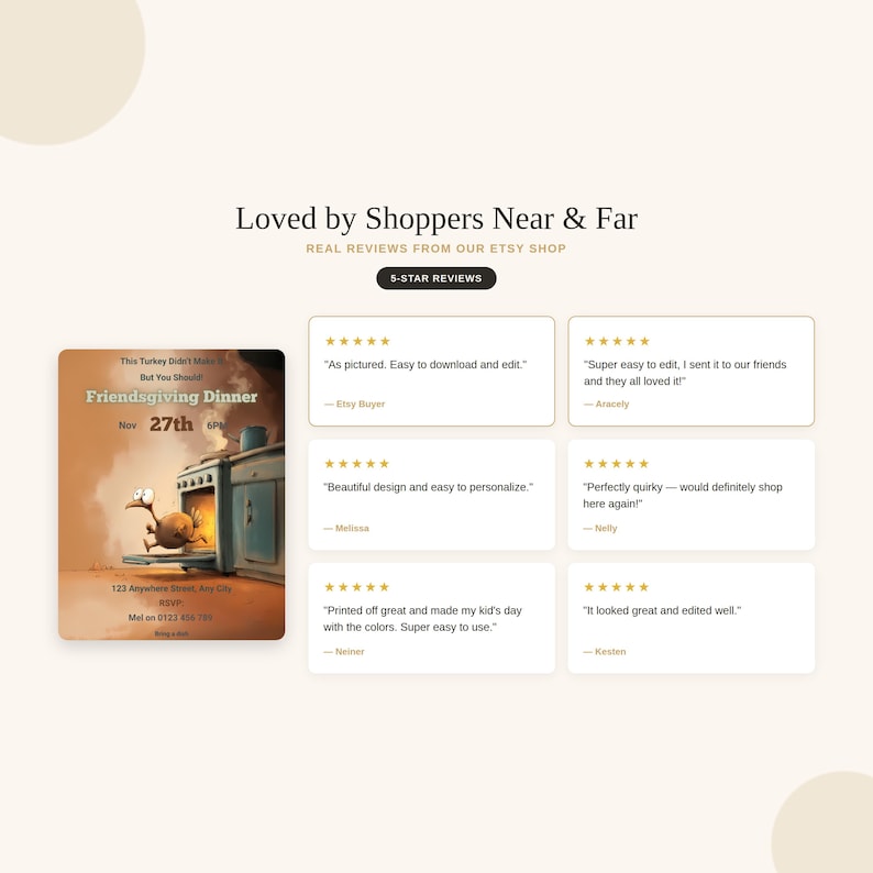 Five star Etsy reviews for the funny Friendsgiving invitation template, praising easy Canva editing and print quality