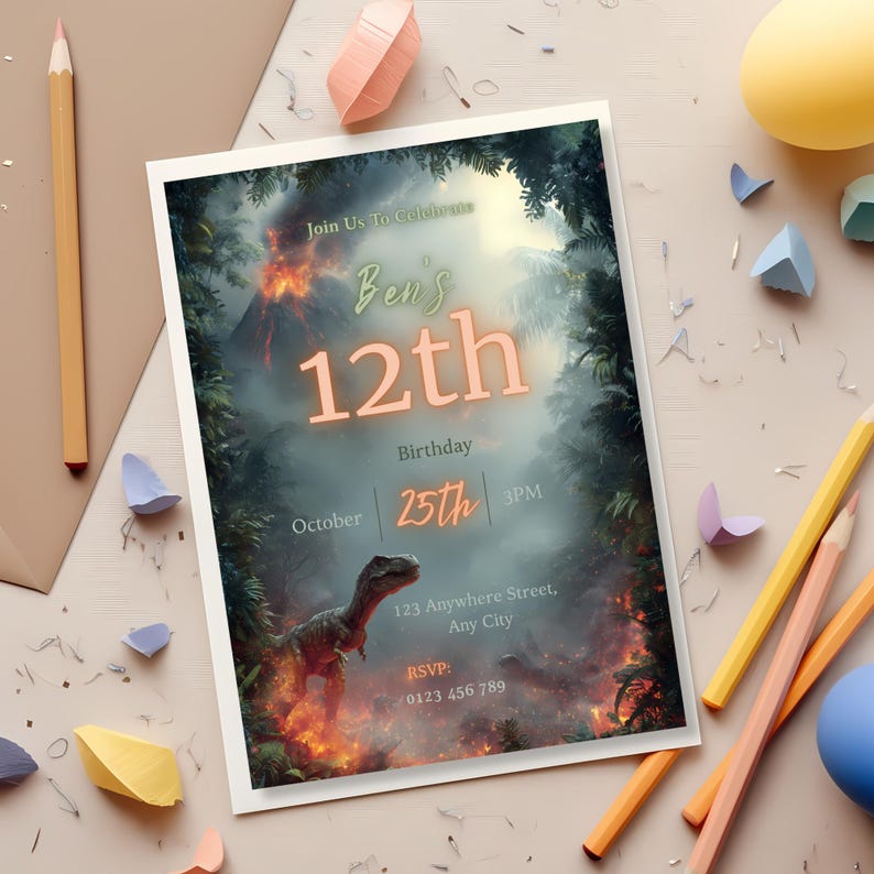 May include: A birthday party invitation with a dinosaur theme. The invitation reads "Ben's 12th Birthday" with the date and time. The background features a volcano and a dinosaur illustration. The invitation is surrounded by pencils and other party decorations.
