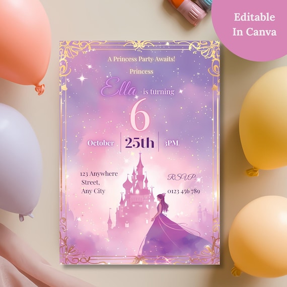 Editable princess birthday invitation Canva template, pink purple castle design, personalize name, age, date and time