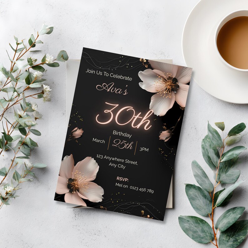 Black and blush floral birthday invitation template styled in a flat lay with eucalyptus and a cup of tea, elegant dinner party invite editable in Canva