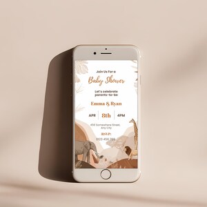 Safari baby shower invitation displayed digitally on a phone screen, editable Canva template for print or digital sharing