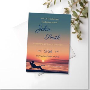 Retirement party invitation for him propped on a white envelope with eucalyptus branch, sunset beach silhouette design, printable Canva template for mens retirement celebration