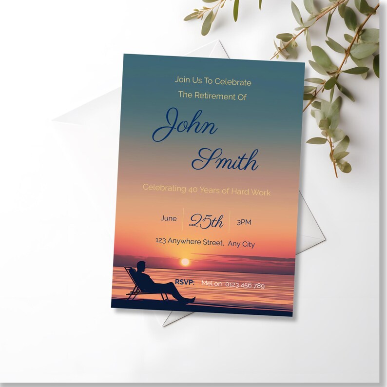 Retirement party invitation for him propped on a white envelope with eucalyptus branch, sunset beach silhouette design, printable Canva template for mens retirement celebration