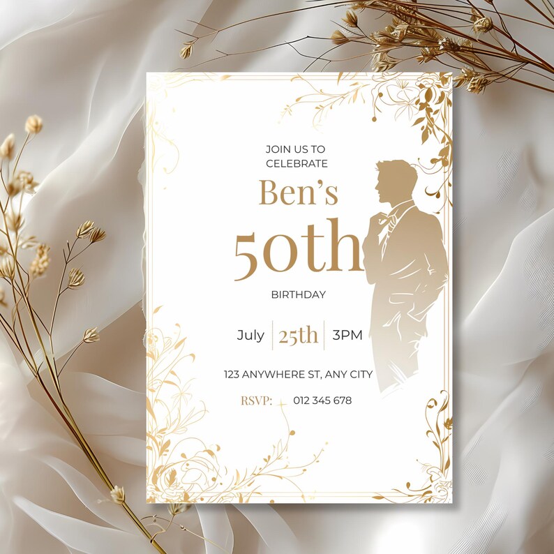 Close-up of gold floral corner accents and male silhouette on a minimalist mens birthday invitation.