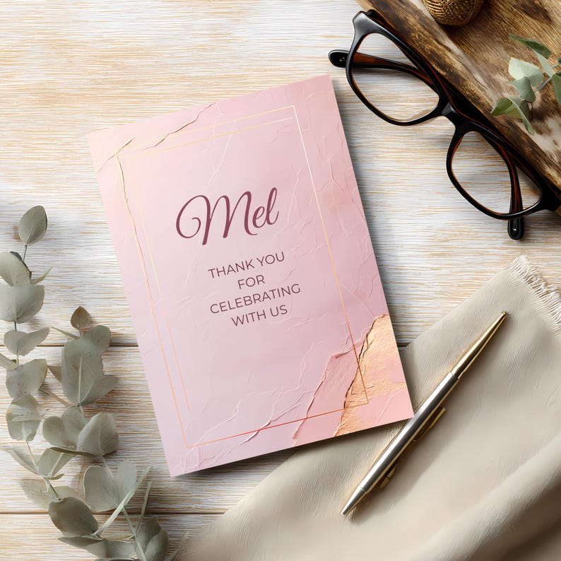 Coordinating editable pink thank-you card included with birthday invitation set.