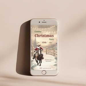Mobile version of the Cowboy Christmas Invitation displayed on a smartphone screen, sized 1080x1920px for sending as a digital Christmas party invite.