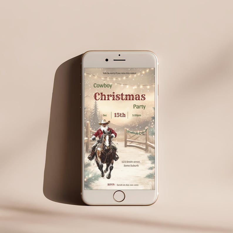 Mobile version of the Cowboy Christmas Invitation displayed on a smartphone screen, sized 1080x1920px for sending as a digital Christmas party invite.
