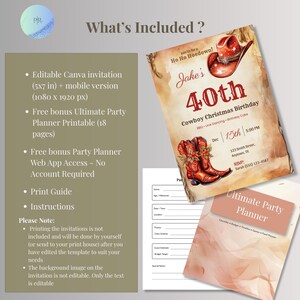 What's included: editable Canva western Christmas birthday invitation in 5x7 and 1080x1920 phone sizes, free printable party planner, free party planner web app, print guide and instructions