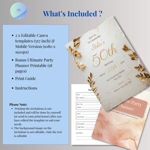 What's included: editable Canva 70th birthday invitation 5x7 and mobile version, plus free 18-page Ultimate Party Planner printable PDF bonus