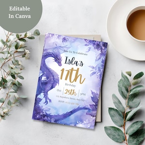 Bewerkbare uitnodiging voor een drakenverjaardag, uitnodiging voor een drakenfeestje voor een meisje, elegante paarse aquarel fantasie Canva uitnodiging, printbaar voor tieners