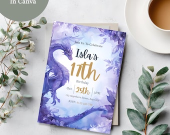 Editable Dragon Birthday Invitation, Girl Dragon Party Invite, Elegant Purple Watercolor Fantasy Canva Evite, Tween Teen Printable