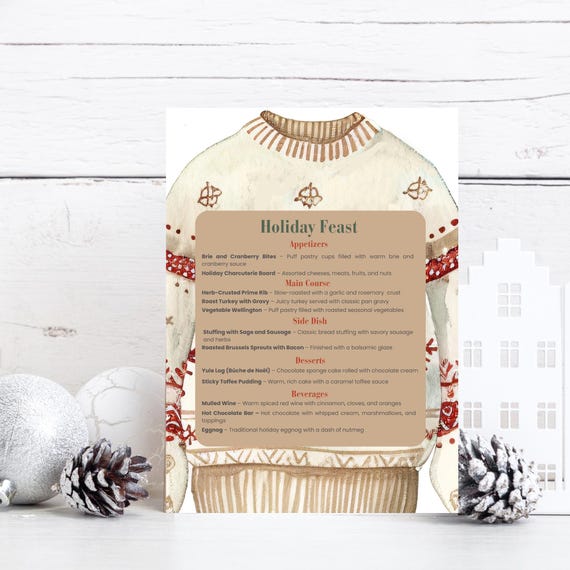 Printable ugly sweater Christmas party menu template shown on a white background with silver ornaments and pinecones