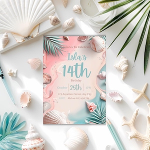 May include: A birthday invitation with a beach theme. The invitation features a pink and blue watercolor background, seashells, and palm fronds. Text reads "Isla's 14th Birthday" with the date and time. Various seashells and starfish surround the invitation.