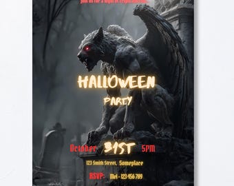Halloween Party Invitation, Dark Gothic Gargoyle, Editable Canva Template Digital Download
