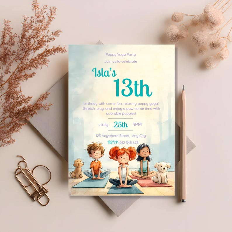 Full puppy yoga 13th birthday invitation layout showing design and text placement, printable 5x7 template