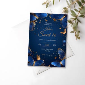 Sweet 16 invitation featuring large stylized butterflies and gold details