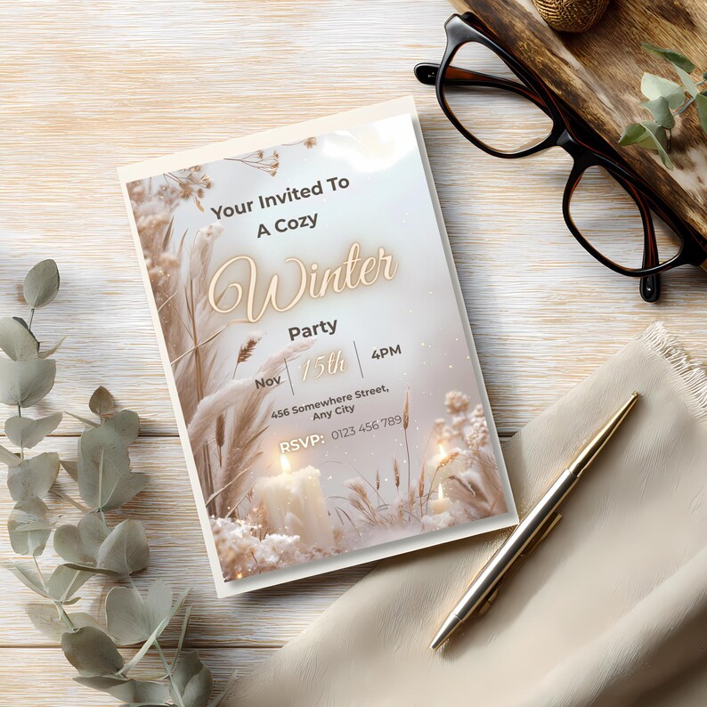 Neutral boho winter invitation styled on a wood desk with glasses, pen, and eucalyptus leaves
