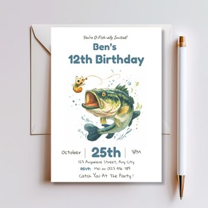 Editable fishing birthday invitation card paired with a matching envelope and pen, styled on a neutral grey background
