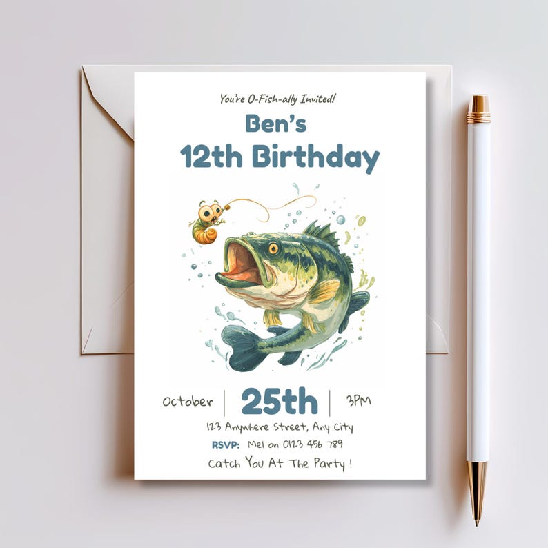 Editable fishing birthday invitation card paired with a matching envelope and pen, styled on a neutral grey background