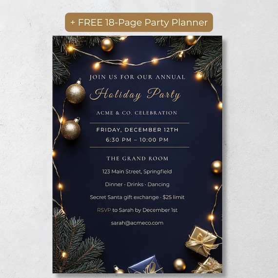 Elegant Navy & Gold Office Holiday Party Invitation