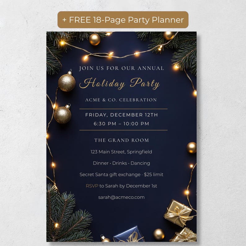 Navy and gold office holiday party invitation for a 2026 company celebration