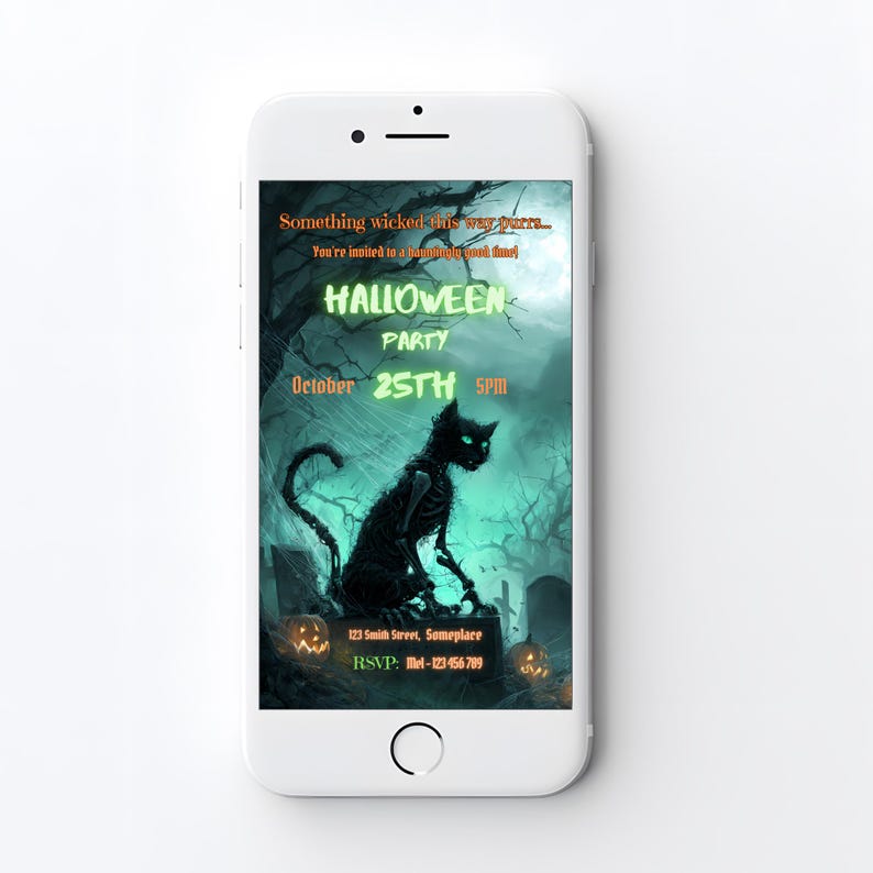 Mobile Halloween party invitation template 1080x1920px shown on phone screen, digital zombie cat invite perfect for sending via text or Instagram Stories