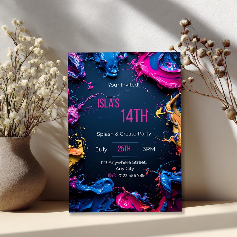 Editable splash and create birthday party invitation with neon paint texture frame and customizable text using Canva