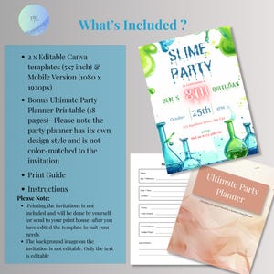 What's included graphic showing editable Canva templates, mobile version, and bonus party planner for a slime birthday invitation