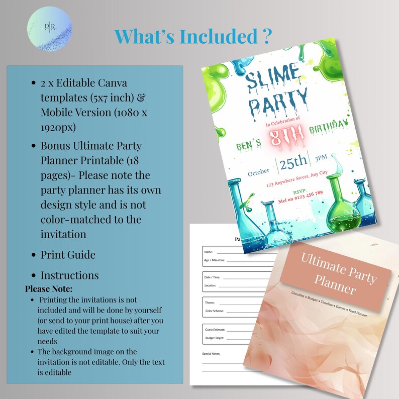 What's included graphic showing editable Canva templates, mobile version, and bonus party planner for a slime birthday invitation