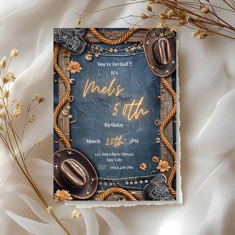 Rustic Western Chic Denim And Diamonds Invitation, Editable Birthday Party Invite, Canva Template, Cowboy Rodeo Theme image 5