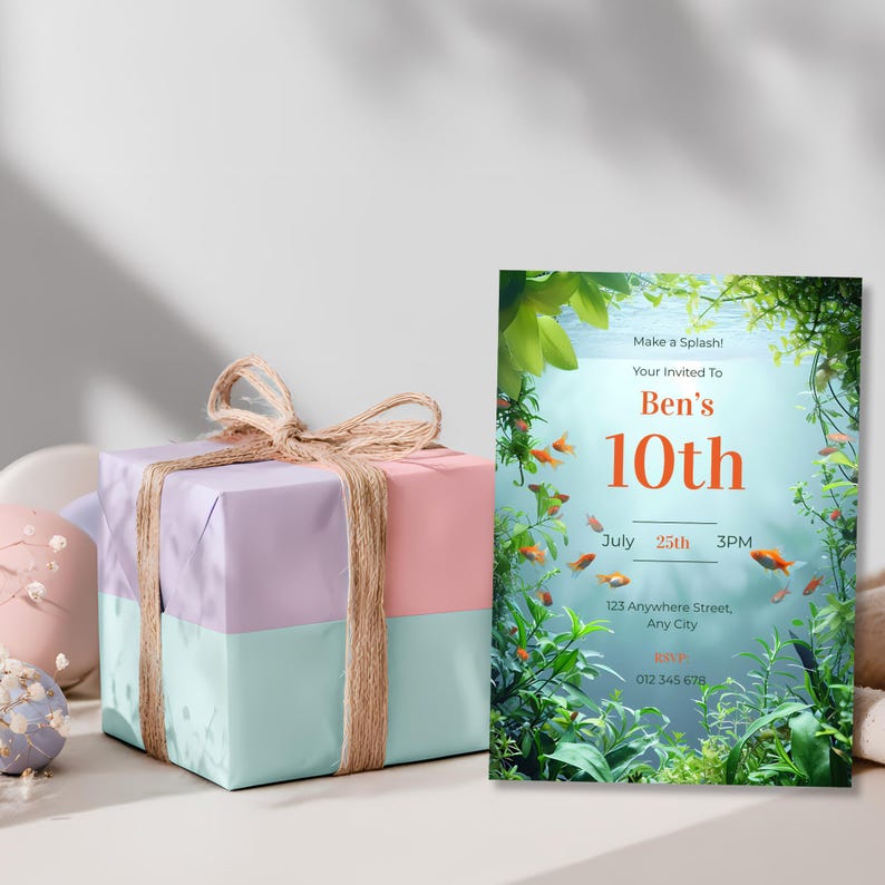Aquarium birthday invitation styled with party decorations, showing vibrant underwater theme for boys’ birthday