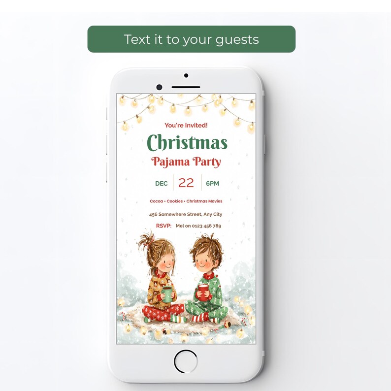 Christmas pajama party evite on a smartphone screen, ready to text to party guests