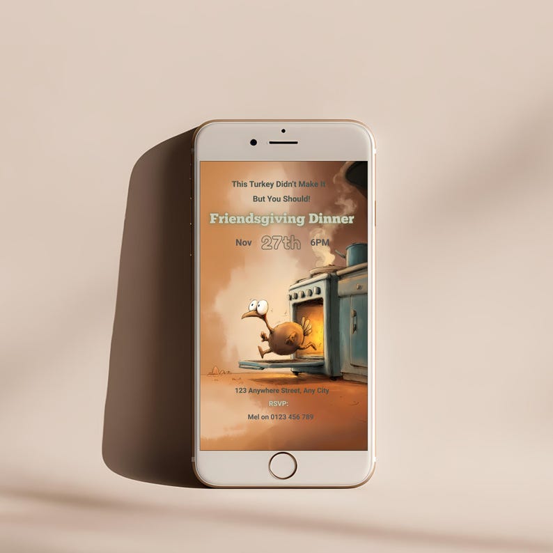 Funny Friendsgiving invitation shown on a mobile phone screen, 1080x1920 editable text or evite template