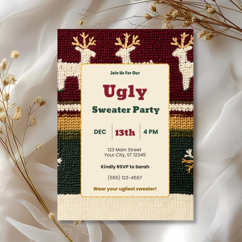Editable ugly sweater party invitation with a knit reindeer background on white silk fabric with dried flowers, showing sample party details and the line Wear your ugliest sweater.