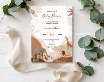 Boho Safari Baby Shower Invitation Template | Editable Canva Jungle Invite | Gender Neutral Elephant Lion Giraffe 5x7