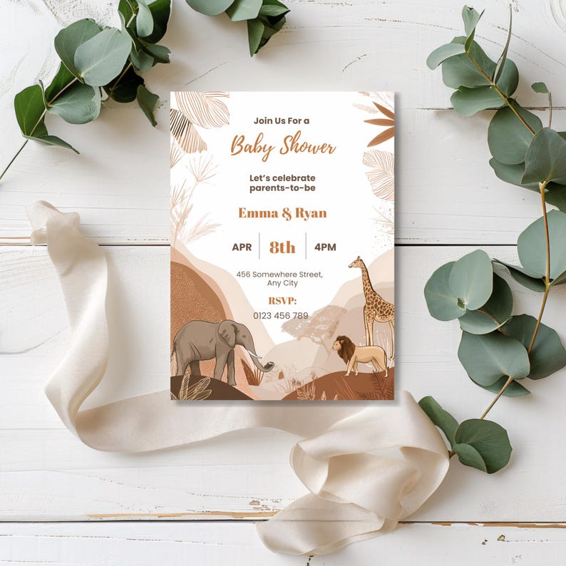 Boho safari baby shower invitation template editable in Canva, gender neutral 5x7 design featuring elephant lion and giraffe illustrations in soft beige and taupe