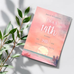 May include: A birthday invitation with a sunset theme. The invitation reads "Join Us To Celebrate Isla's 14th Birthday July 25th 3PM". The background features a watercolor design with pink, orange, and blue hues.